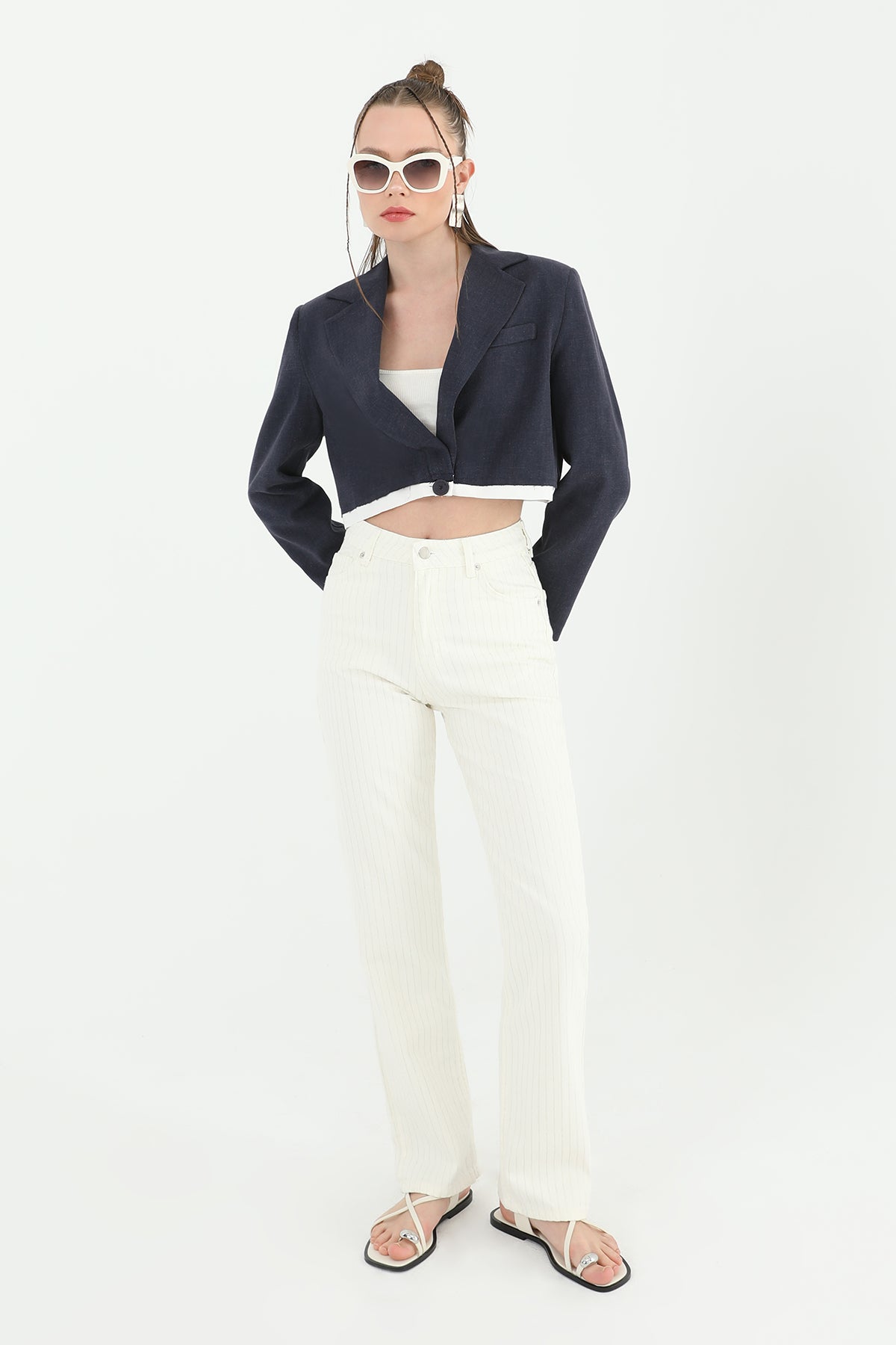 Kadın Çizgili Denim Pantolon - 31877PNT - ECRU