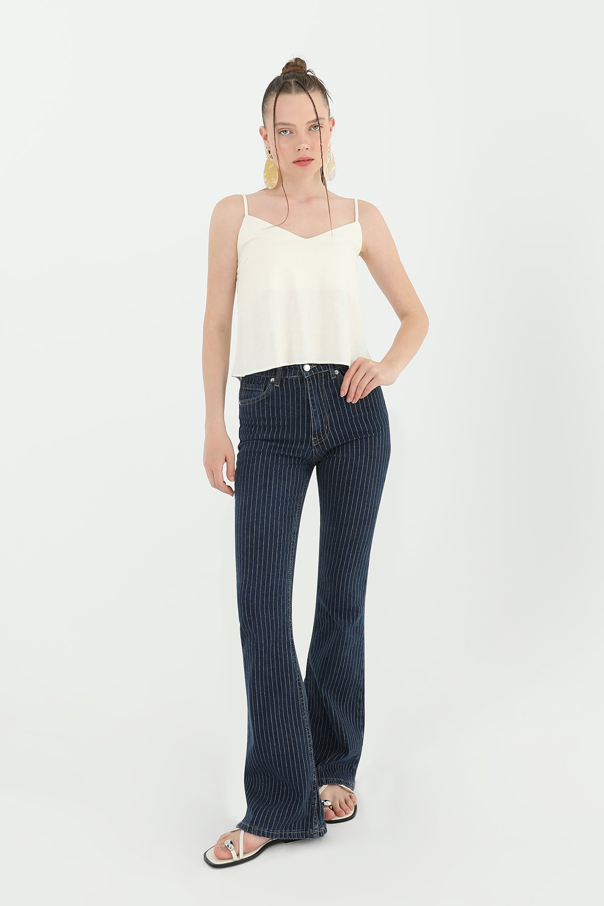 Kadın Çizgili Bol Denim Pantolon - 31879PNT - BLUE
