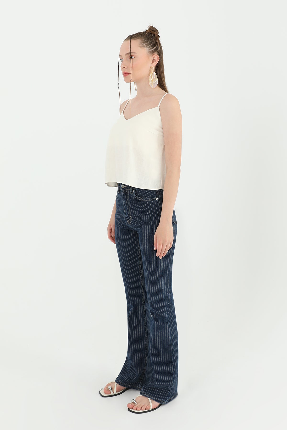 Kadın Çizgili Bol Denim Pantolon - 31879PNT