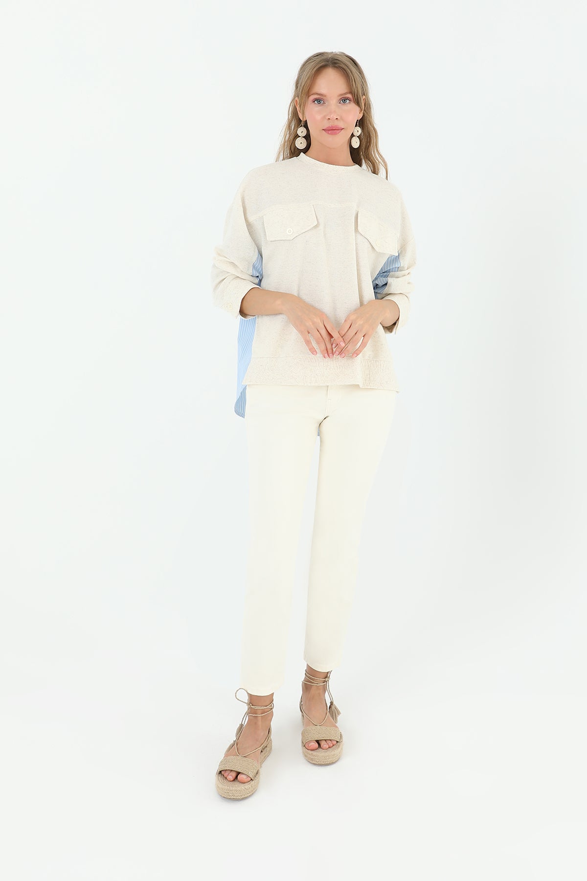 Kadın Önden Cepli Arkası Poplin Çizgili Kumaş -24S-31888BLZ - BEIGE-BLUE