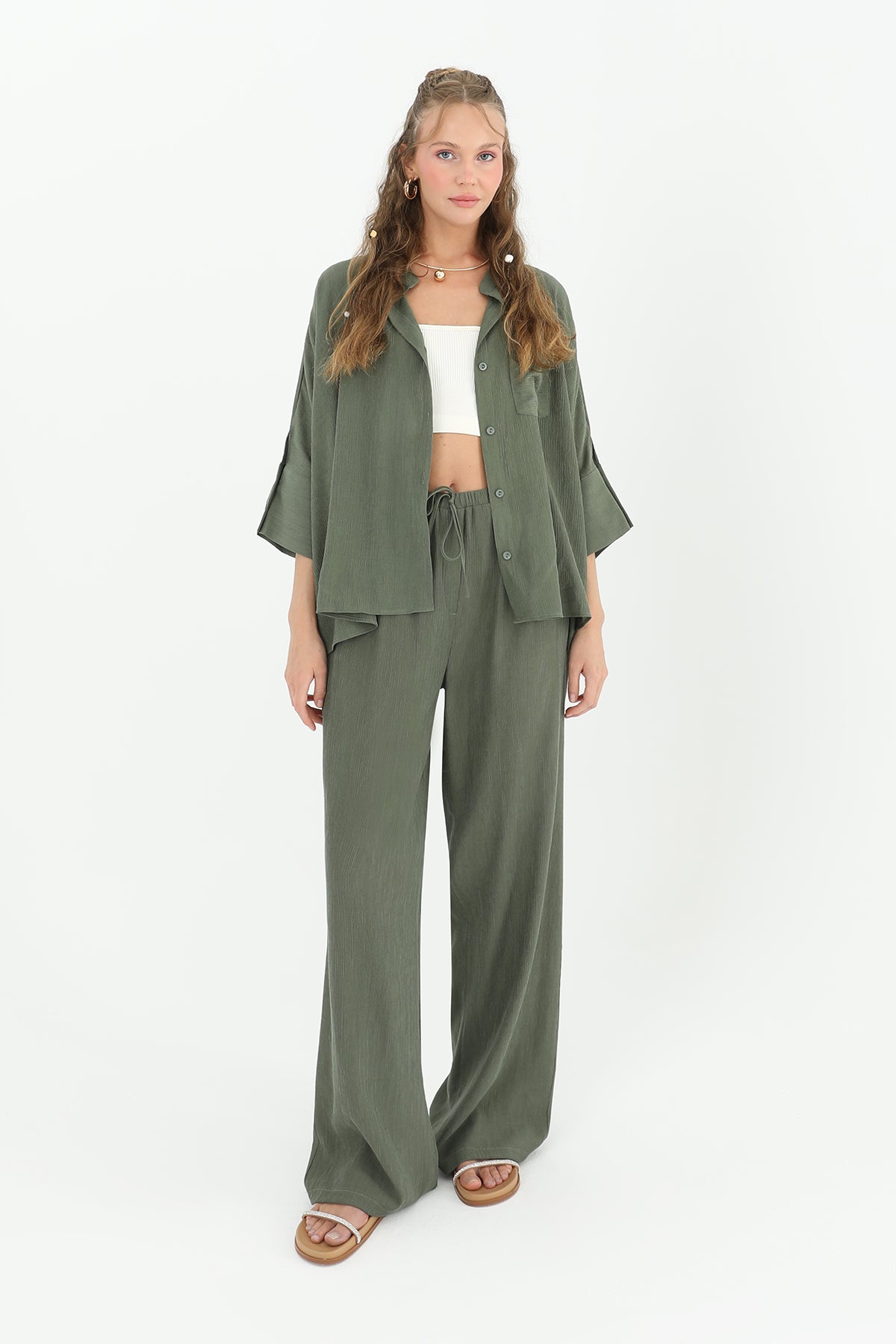 Kadın Belden Bağlamalı Bol Pantolon  - 31890PNT - KHAKI