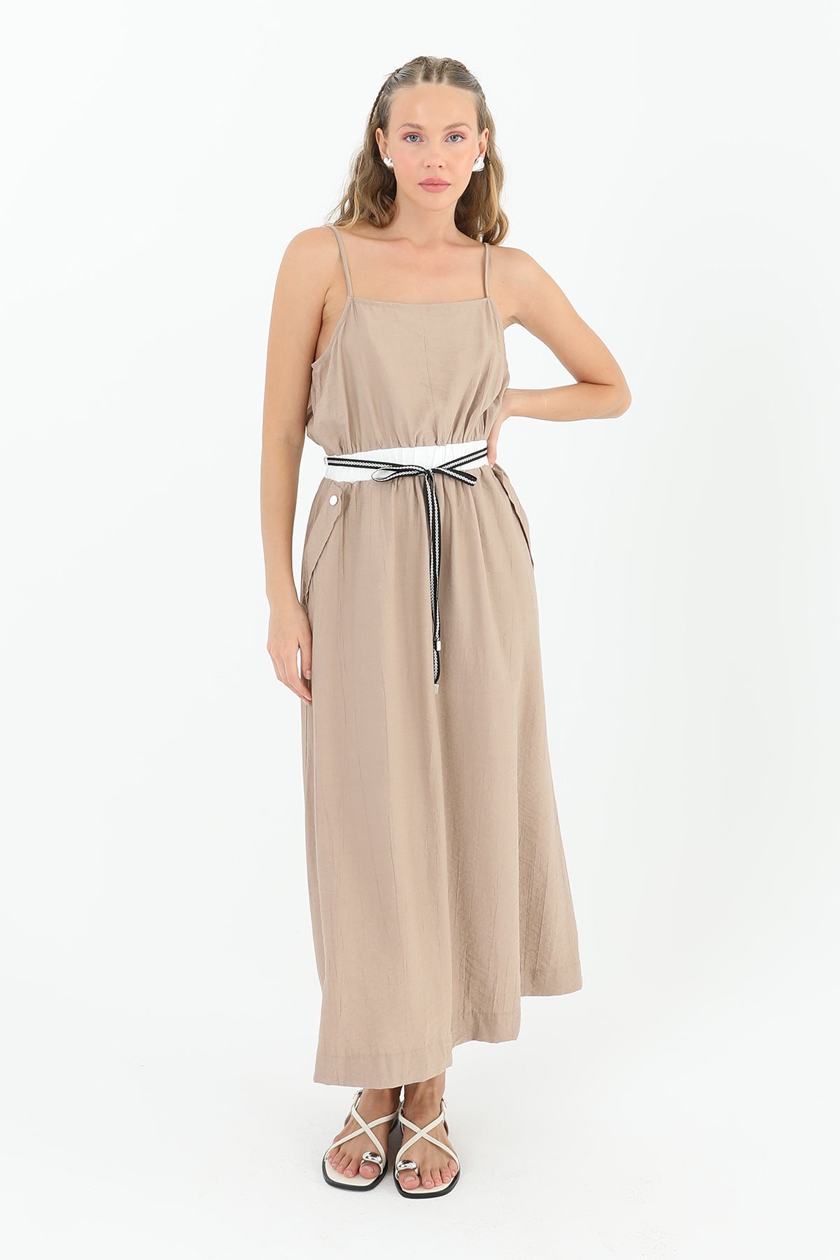 Kadın Askılı Belden Bağlamalı Cepli Elbise  - 31908ELB - MINK