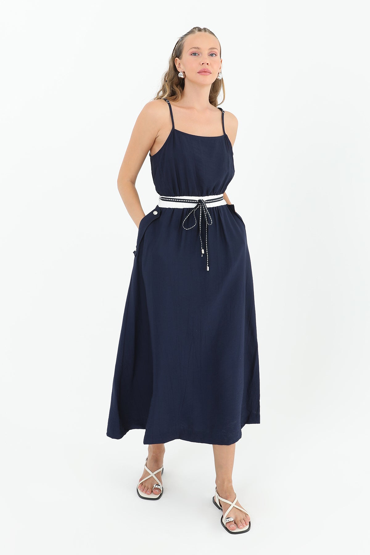 Kadın Askılı Belden Bağlamalı Cepli Elbise  - 31908ELB - NAVY