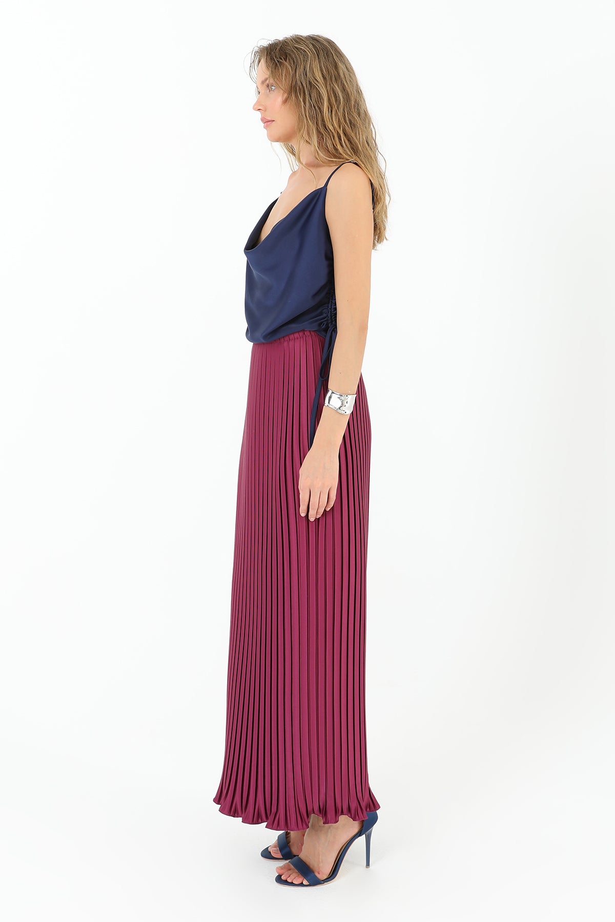 Women's Pleated Long Satin Skirt - 31916ETK