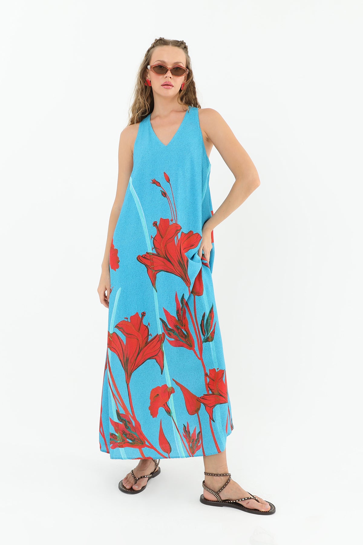 Kadın Tropik Lilium Desenli  Elbise-31943ELB - AQUA