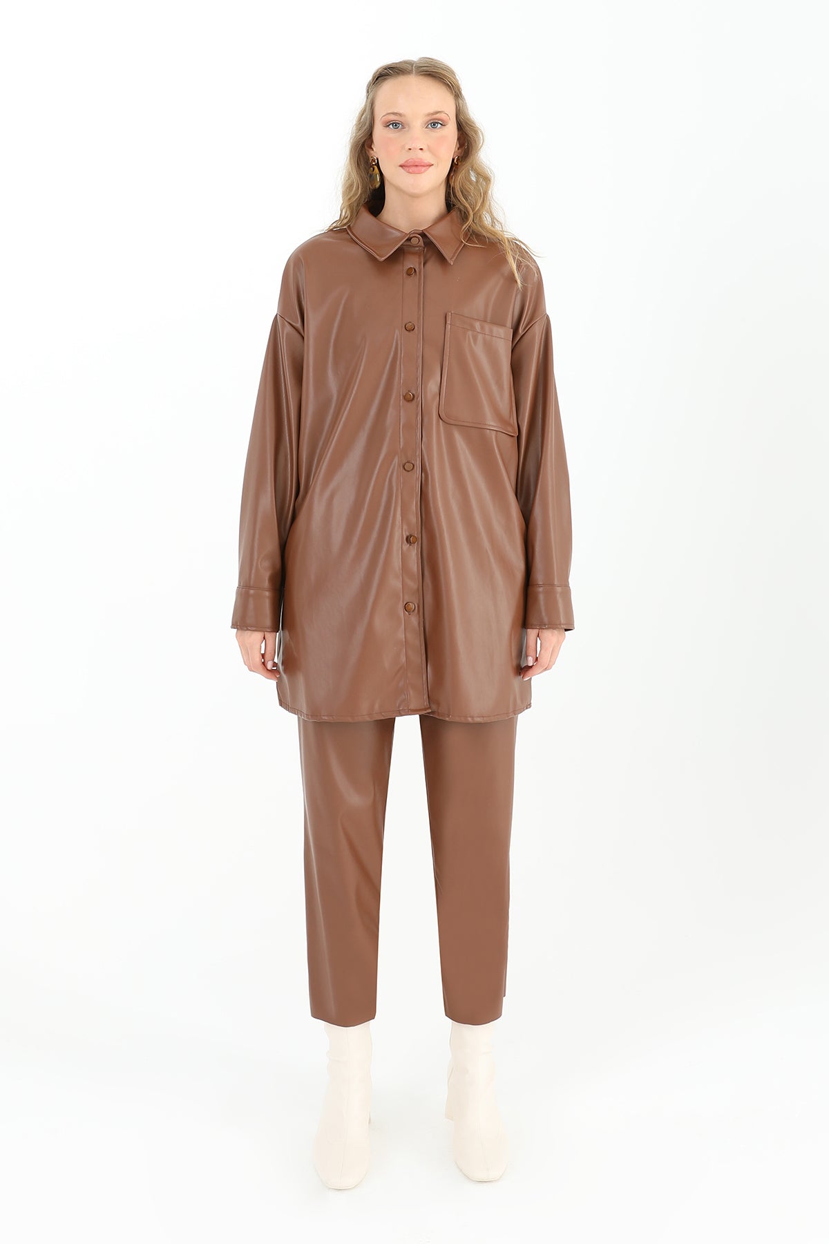 Kadın Cepli Deri Gömlek - 10570GML - BROWN