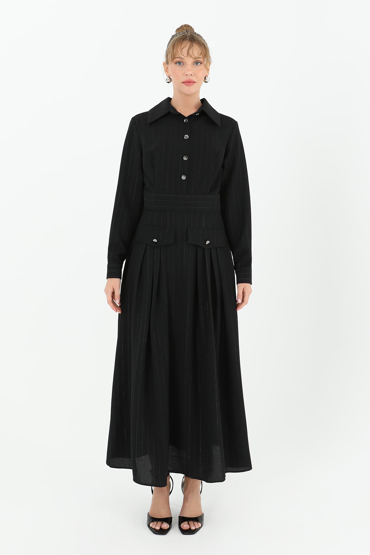 Kadın Çizgili Gömlek Elbise   - 12554ELB - BLACK