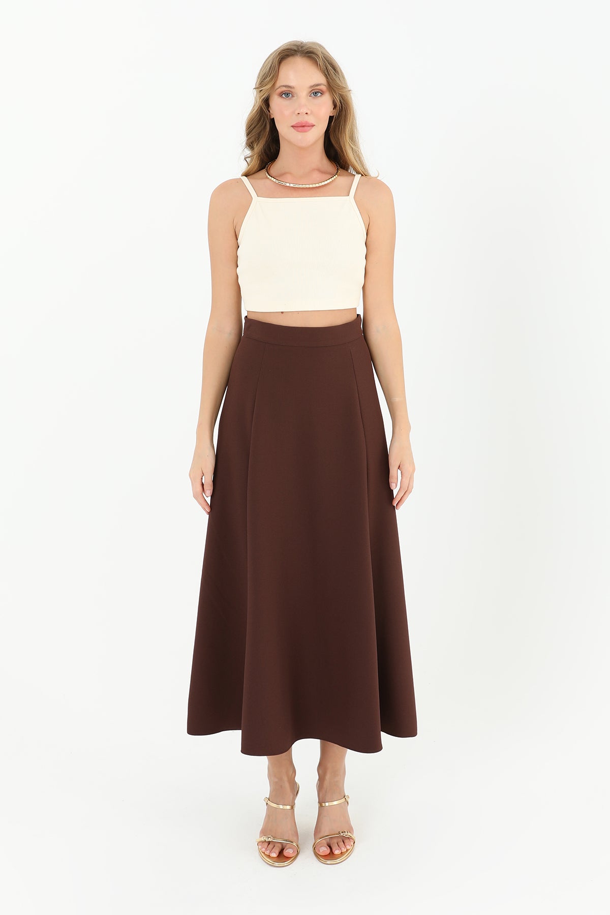 Kadın Fermuarlı Kloş Etek  - 18201ETK - BROWN