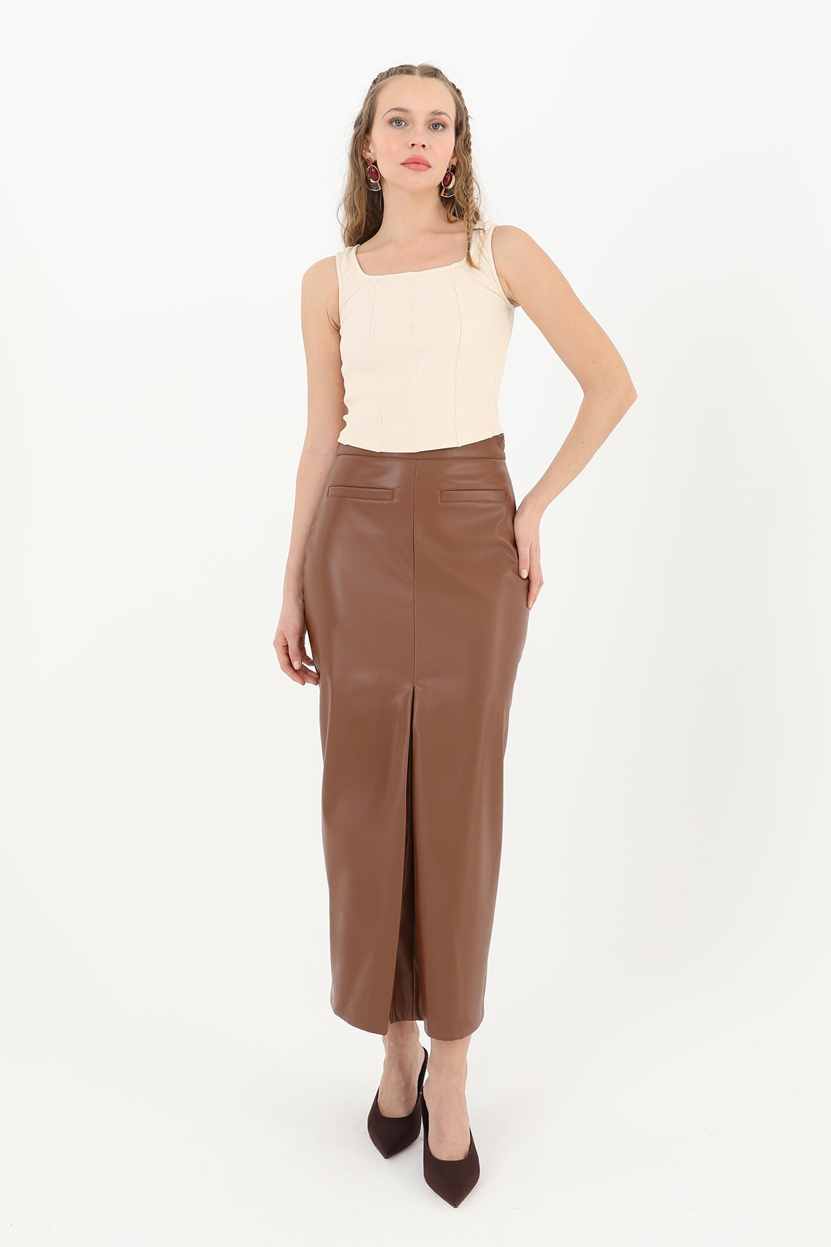 Kadın Önü Yırtmaçlı Deri Etek  - 18215ETK - BROWN