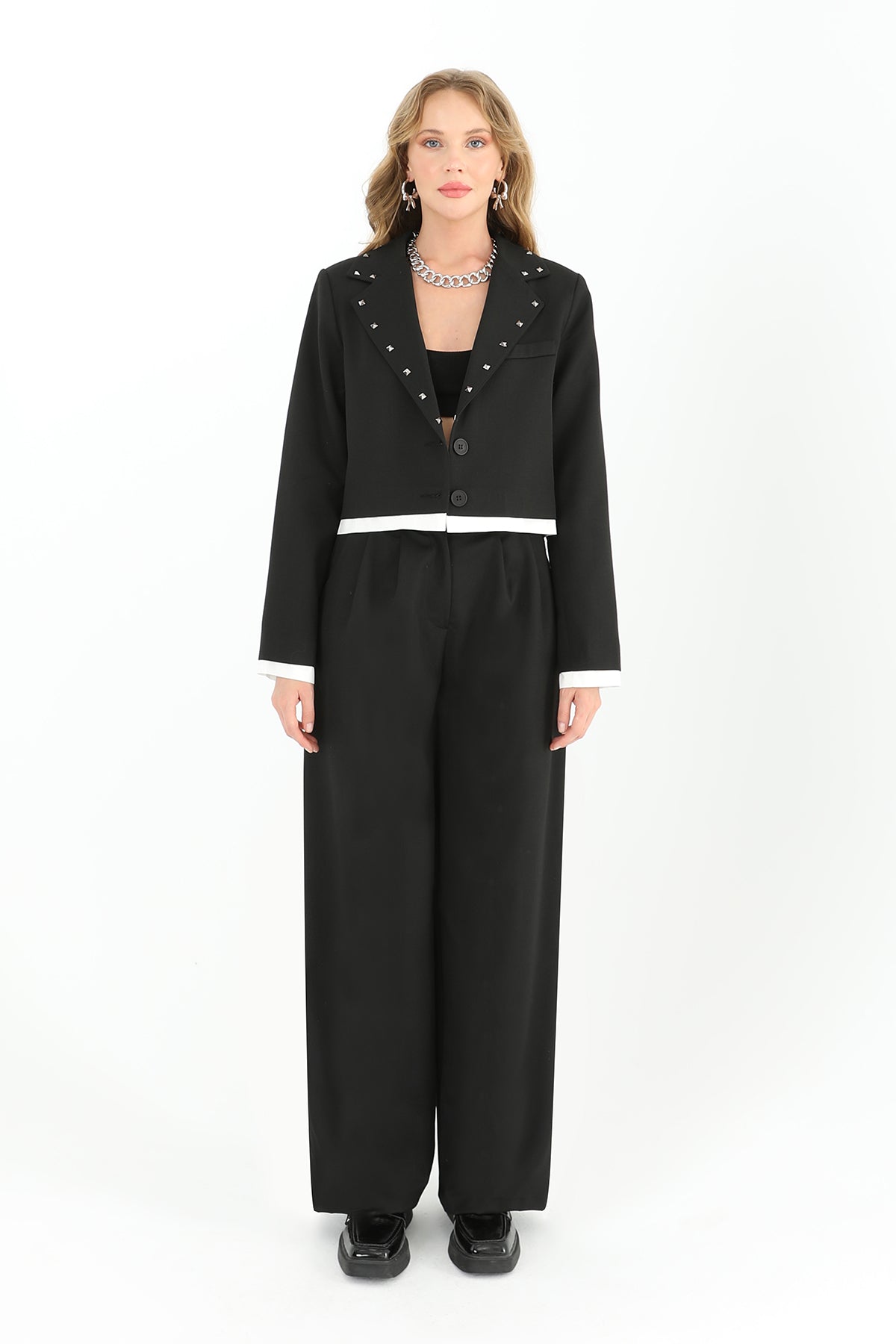 Kadın Beli Taş İşlemeli Pileli Geniş Paça Pantolon  - 31962PNT - BLACK