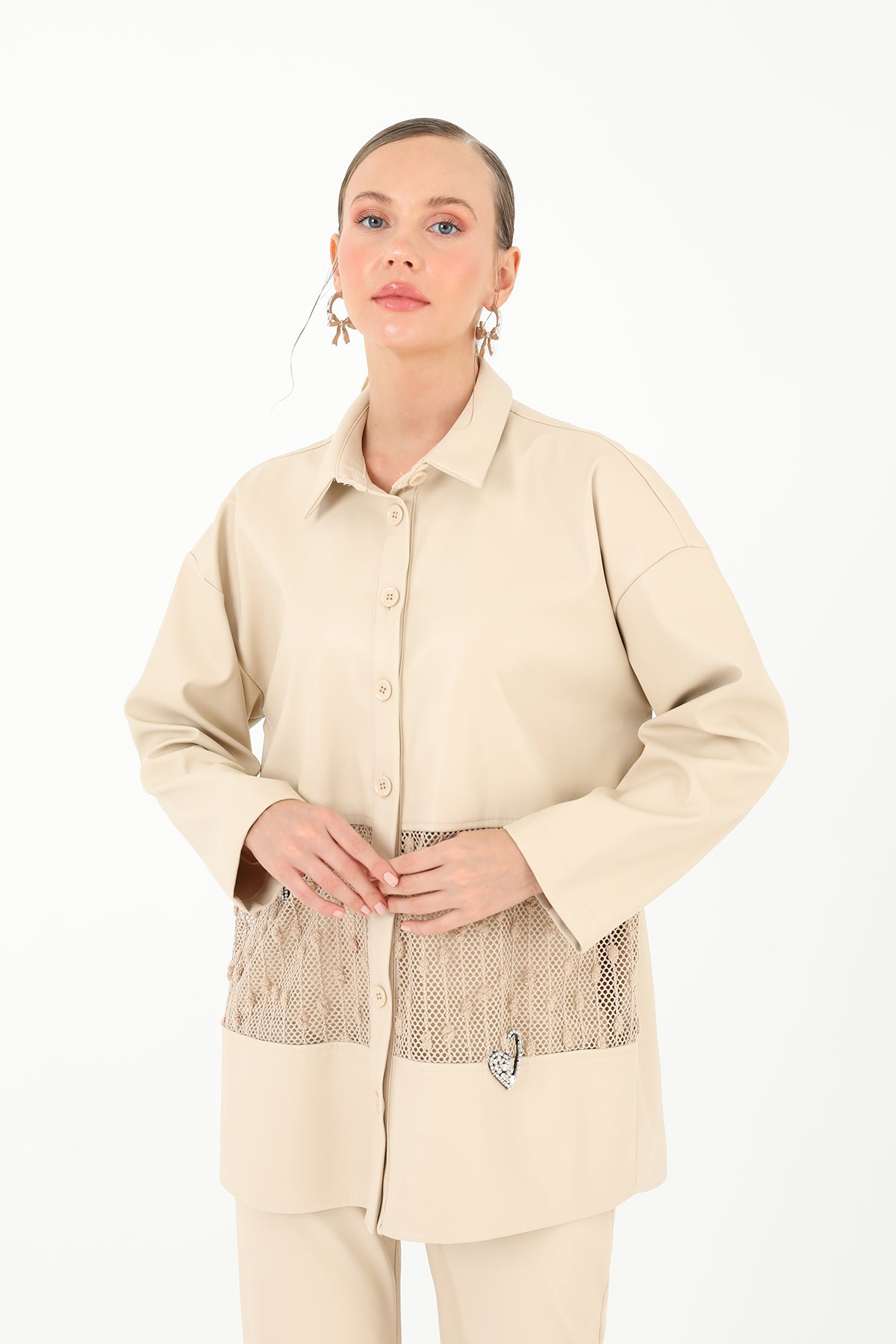 Women's Mesh Detailed Leather Shirt - 31971GML