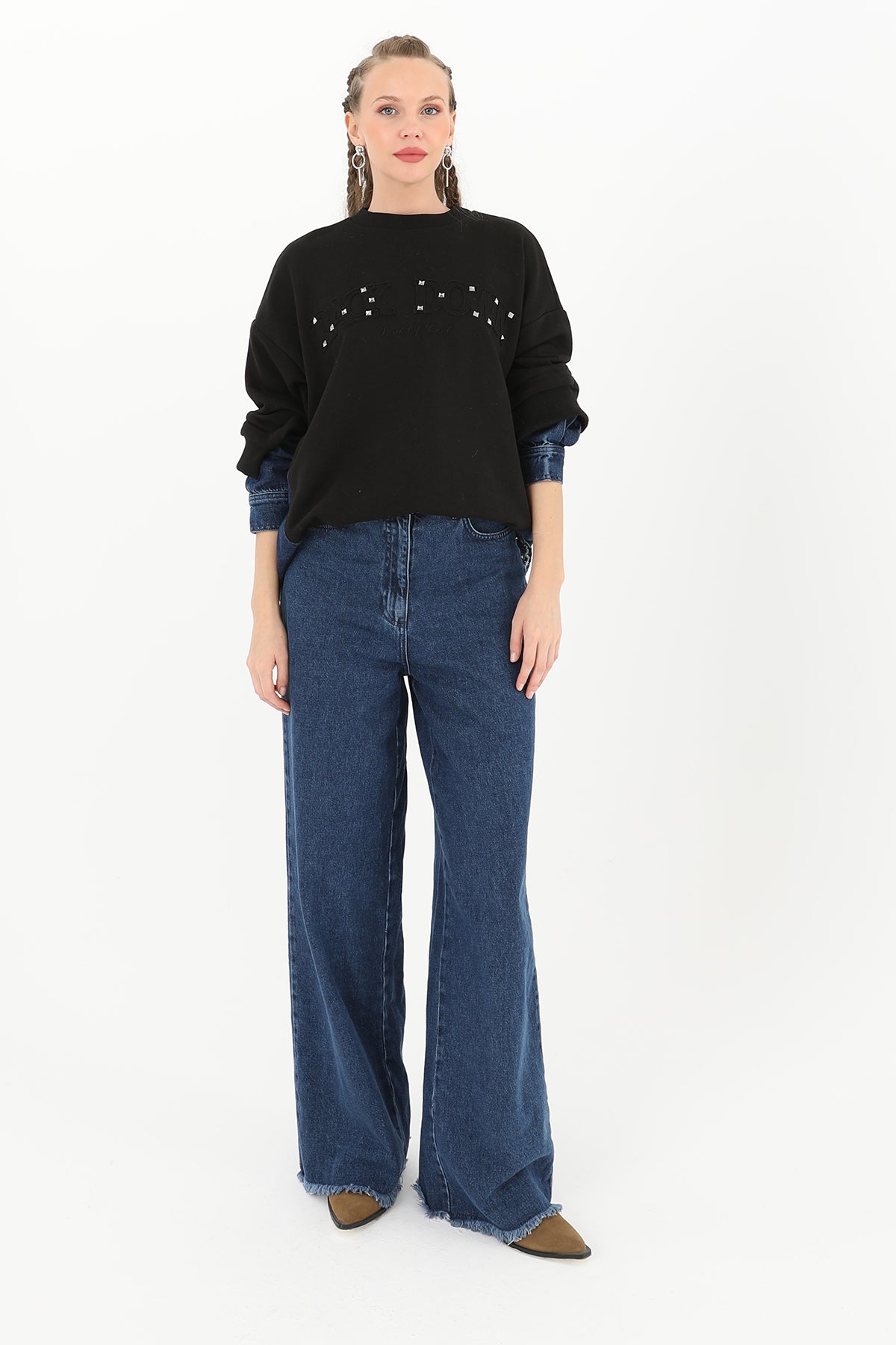 Kadın Kol Ucu Kot Detaylı Taş İşlemeli Sweatshirt  - 31990SWT - BLACK-BLUE