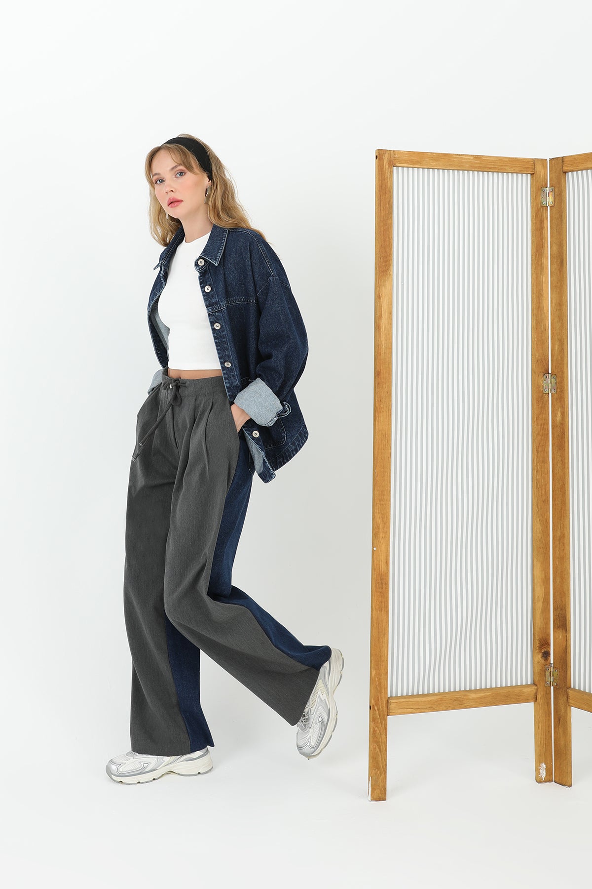 Kadın Arkası Kot Önü Triko Geçişli Geniş Paça Pantolon  - 31991PNT - ANTHRACITE-BLUE