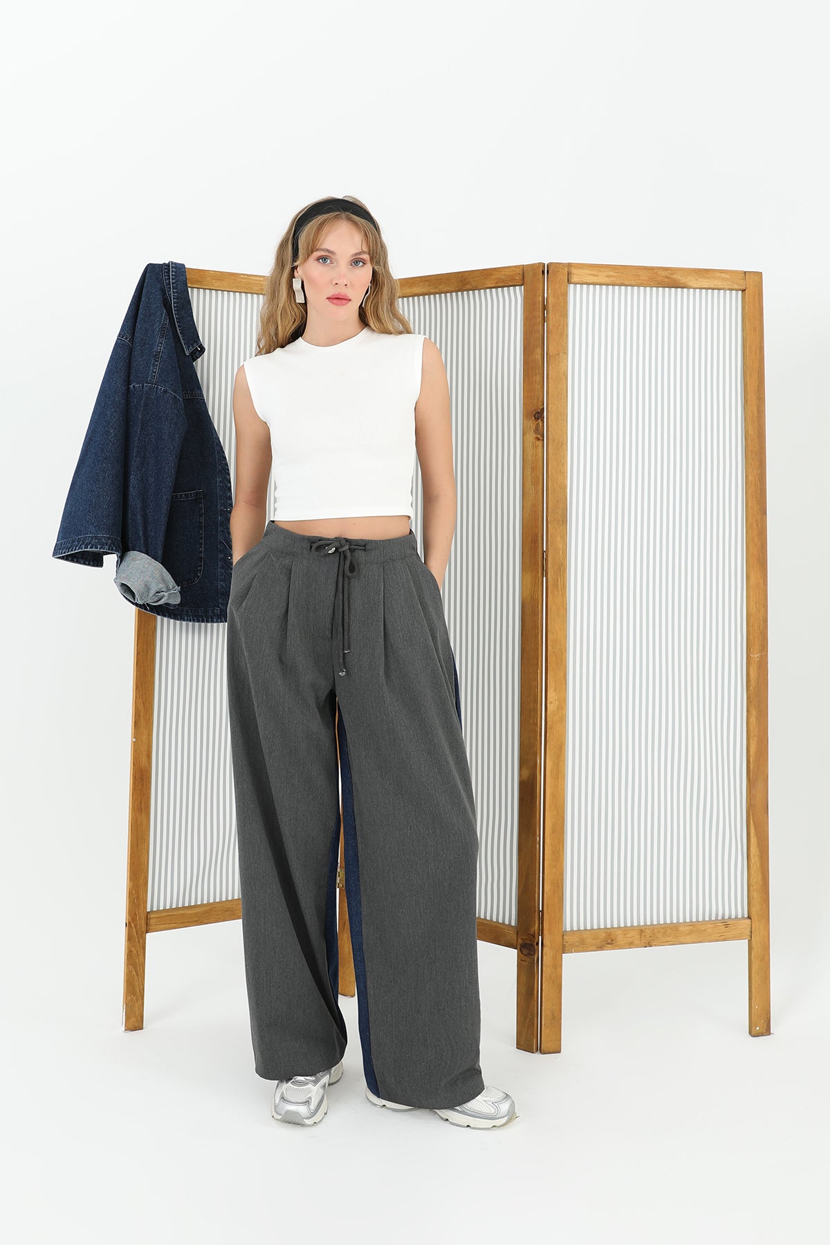 Women's Wide Leg Trousers with Denim Back and Knitwear Front - 31991PNT