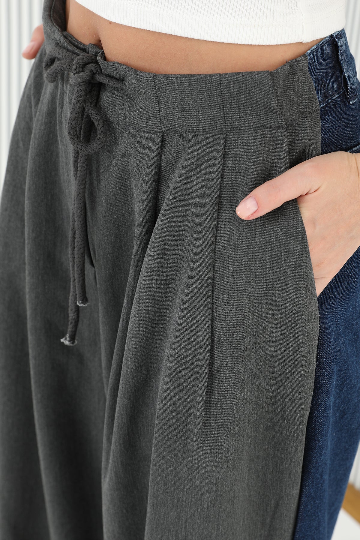 Women's Wide Leg Trousers with Denim Back and Knitwear Front - 31991PNT