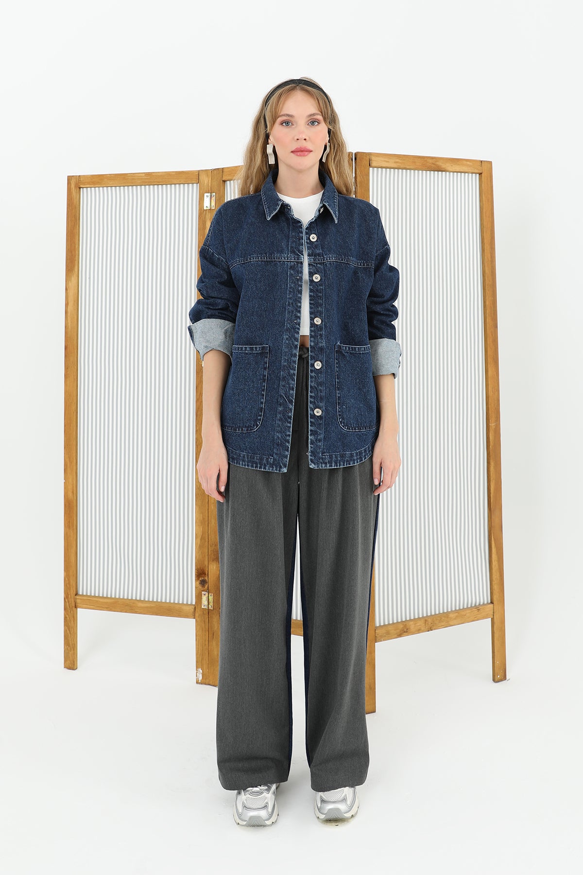 Women's Wide Leg Trousers with Denim Back and Knitwear Front - 31991PNT
