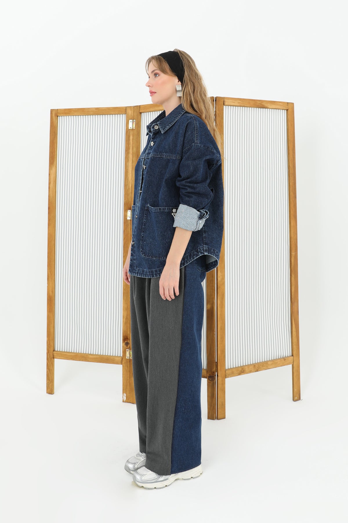 Women's Wide Leg Trousers with Denim Back and Knitwear Front - 31991PNT