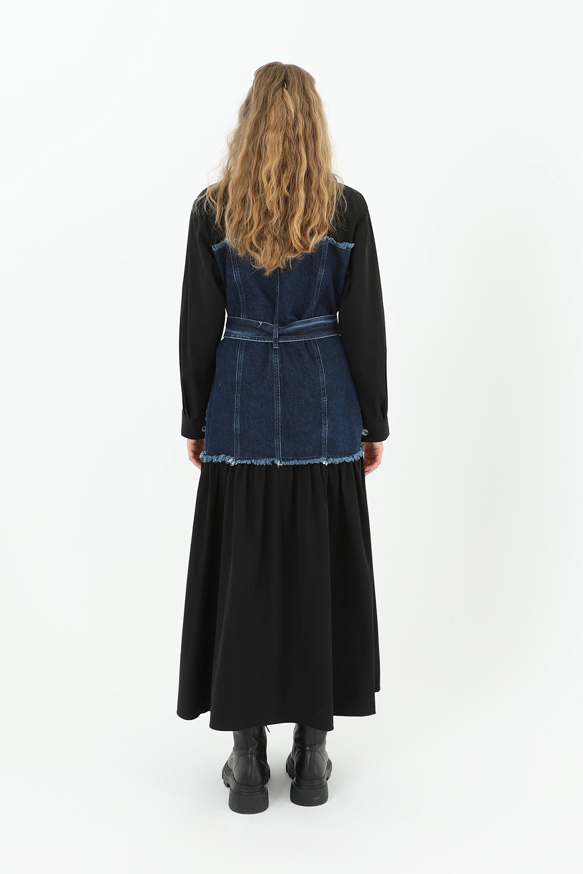 Denim Detailed Belted Long Dress - 32008ELB