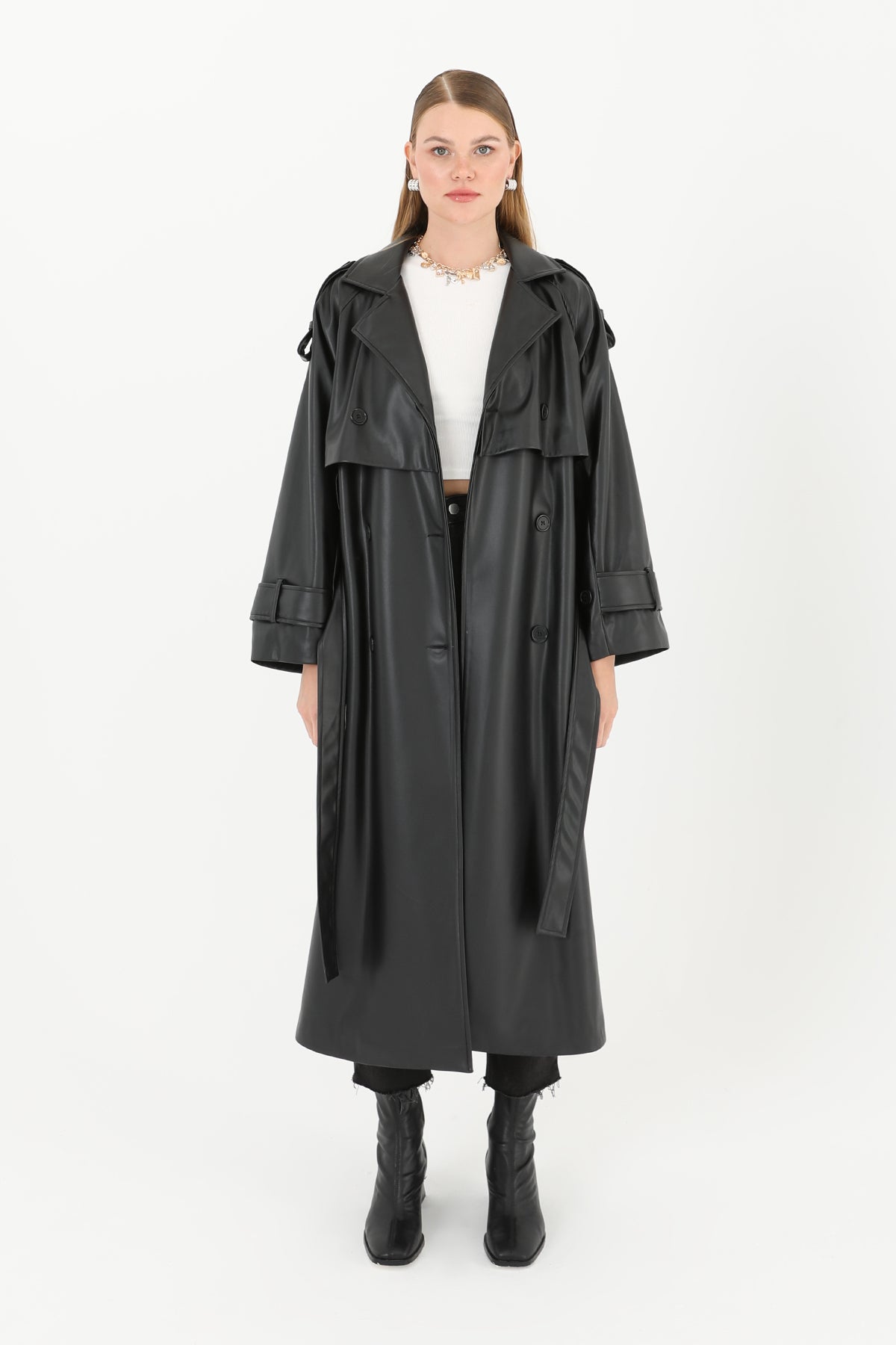 Kadın Deri Uzun Trench  - 32017TRC - BLACK