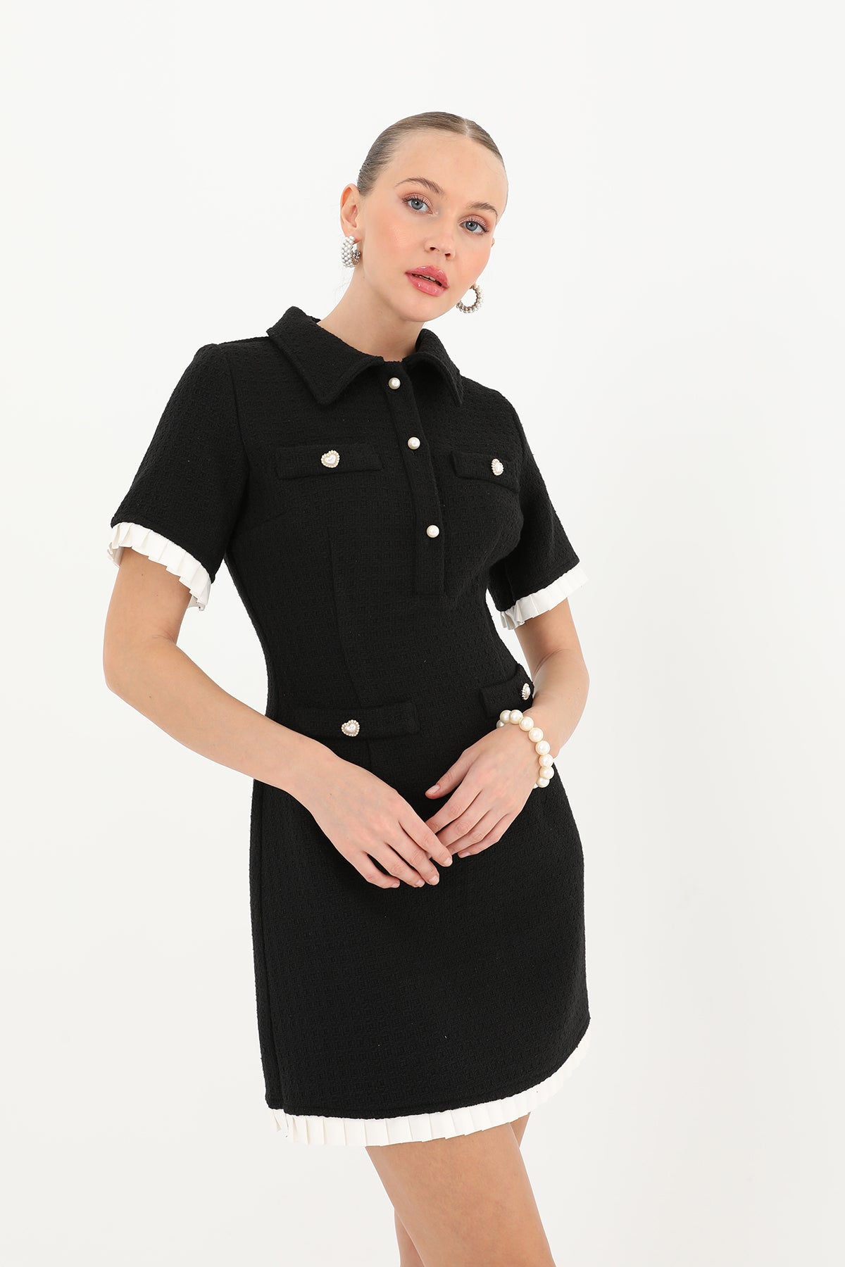 Kadın Chanel Düğmeli Elbise  - 32026ELB - BLACK