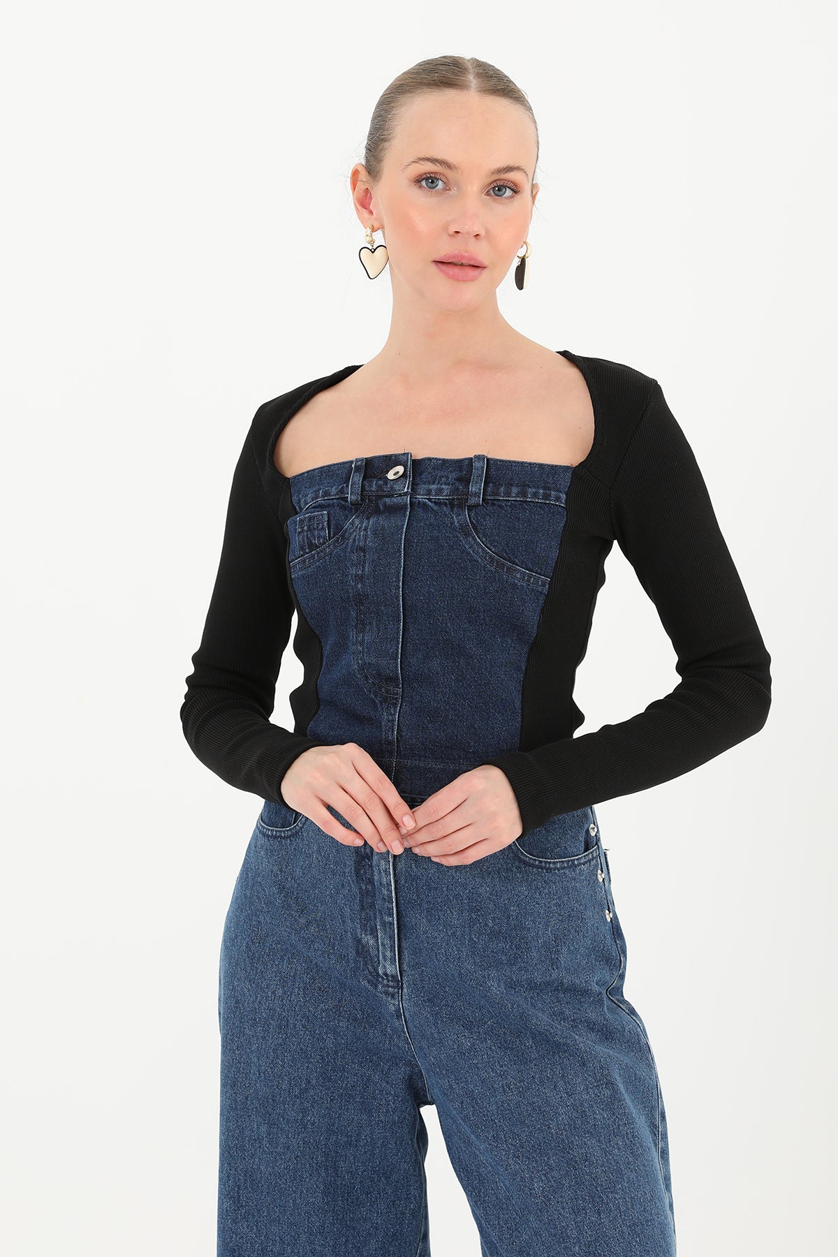 Kadın Ribanalı Denim Bluz  - 32029BLZ - BLACK