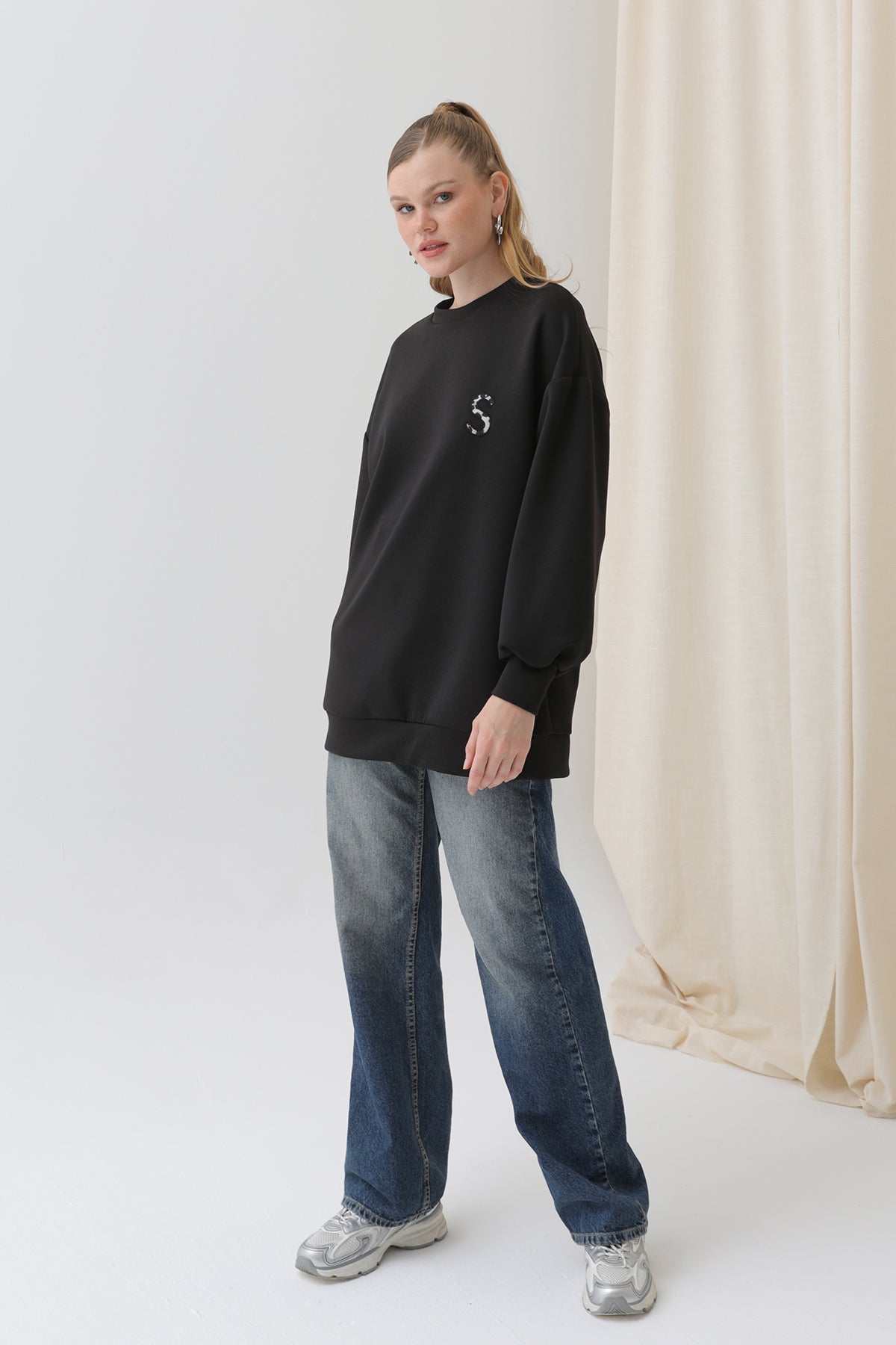Kadın Arkası Leopar Detaylı Sweatshirt-32112SWT - BLACK