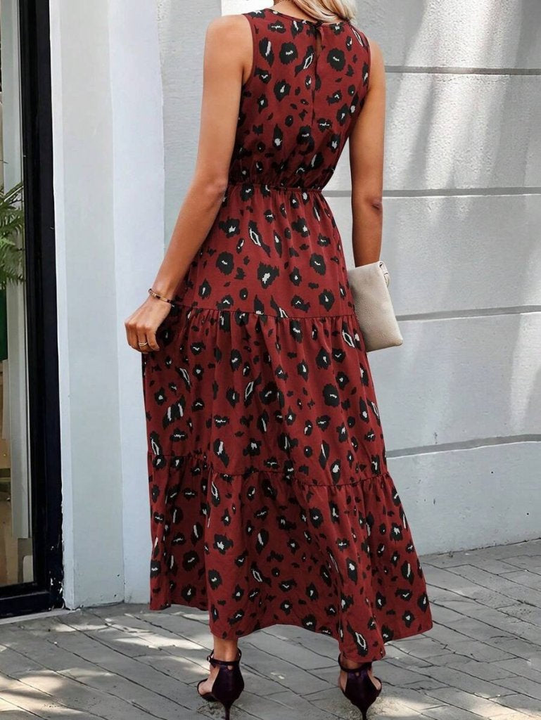 Kadın Kolsuz Bisiklet Yaka Beli Lastikli Desenli Süprem Elbise , 34960