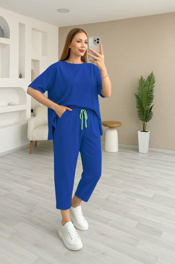 Kadın Kısa Kollu Bisiklet Yaka Viskon Iki Iplik Bluz Ve Pantolon Ikili Takım, 37757