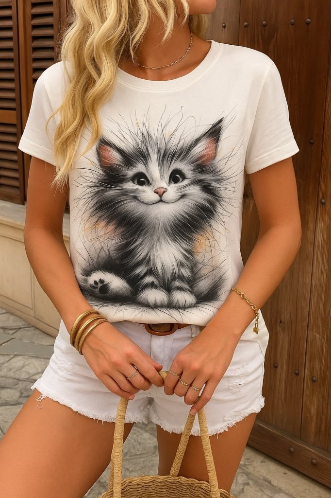 Kadın Kısa Kollu Bisiklet Yaka Kedi Baskılı Süprem Bluz, 27728