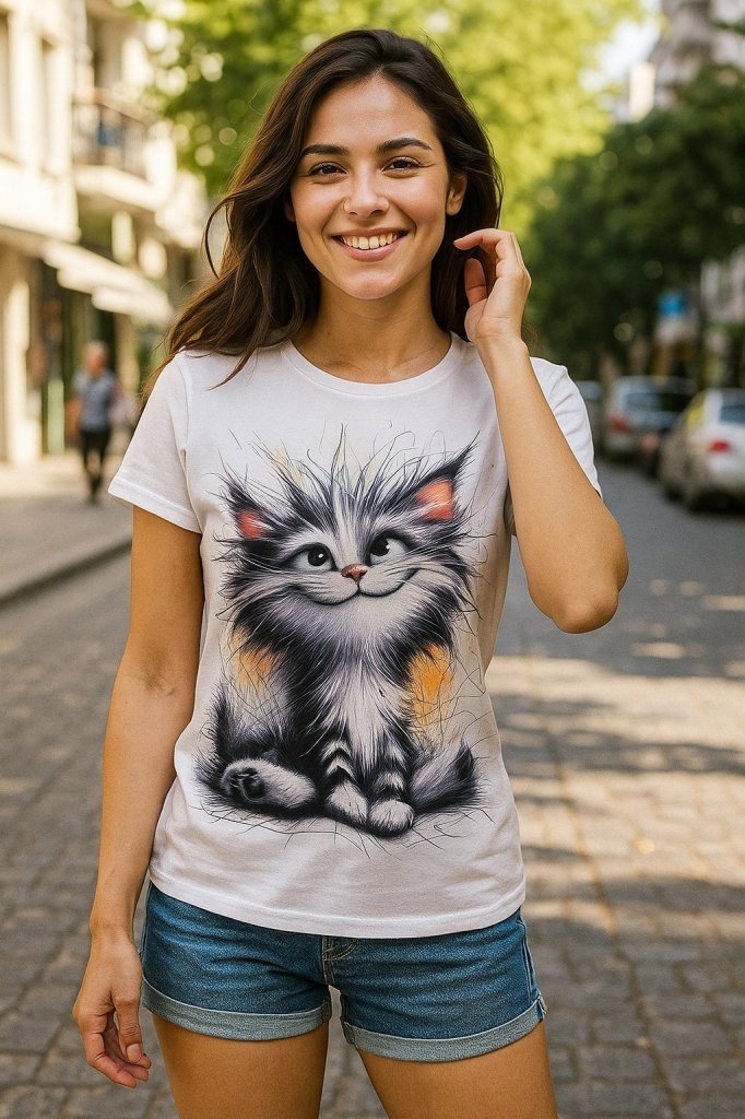 Kadın Kısa Kollu Bisiklet Yaka Kedi Baskılı Süprem Bluz, 27728