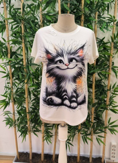 Kadın Kısa Kollu Bisiklet Yaka Kedi Baskılı Süprem Bluz, 27728