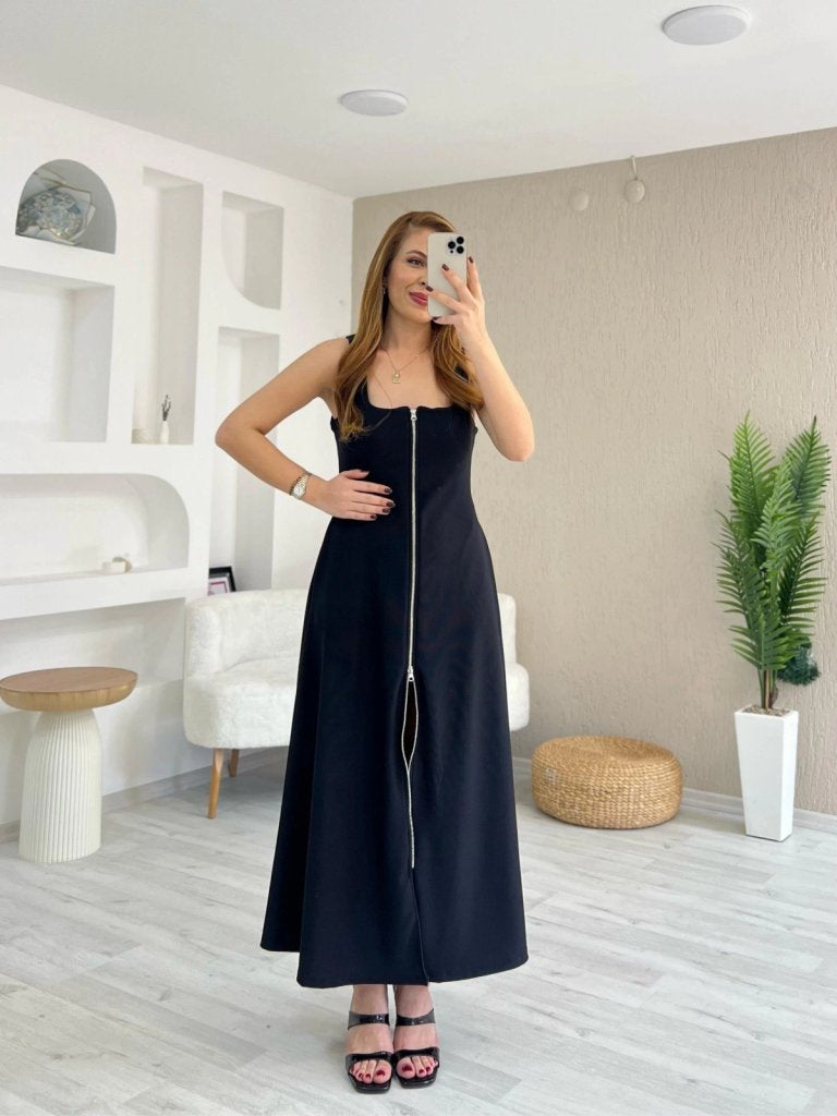 Kadın Askılı Kare Yaka önden Fermuarlı Geniş Kesim Janjan Krep Elbise , 37950