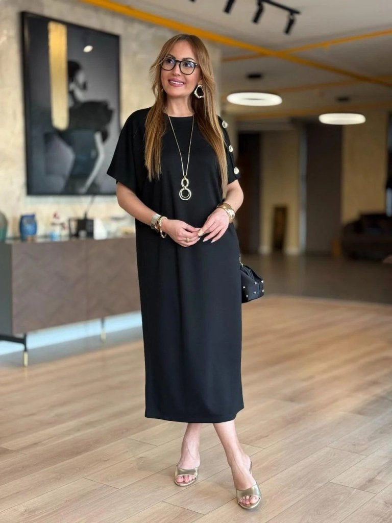 Women's Short Sleeve Crew Neck Viscose Two-Thread Maxi Dress with Shoulder Buttons, 31242