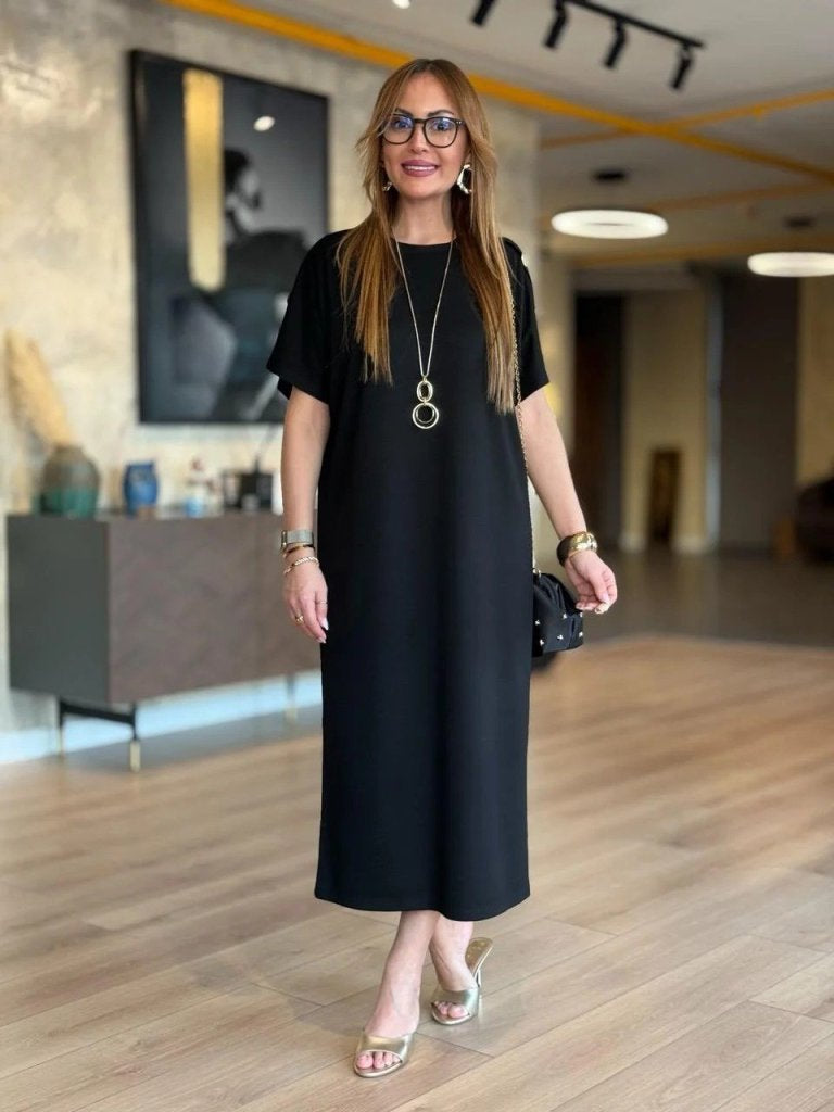 Women's Short Sleeve Crew Neck Viscose Two-Thread Maxi Dress with Shoulder Buttons, 31242