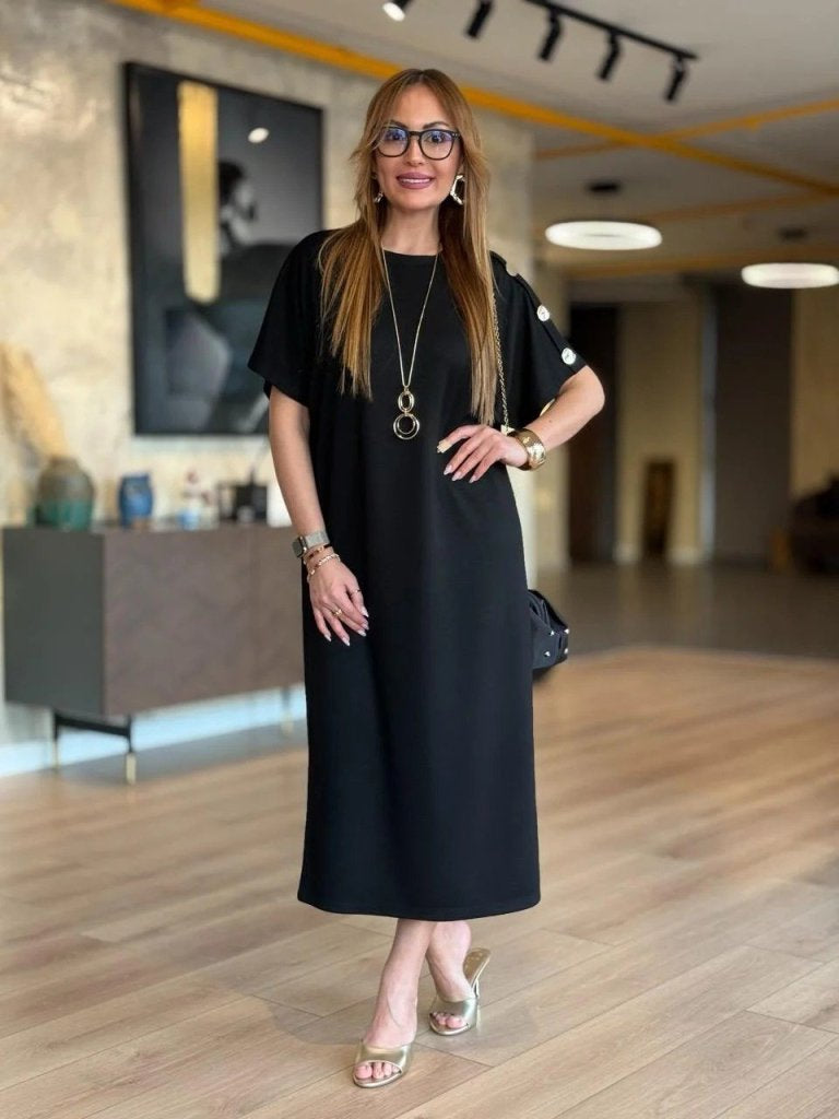 Women's Short Sleeve Crew Neck Viscose Two-Thread Maxi Dress with Shoulder Buttons, 31242