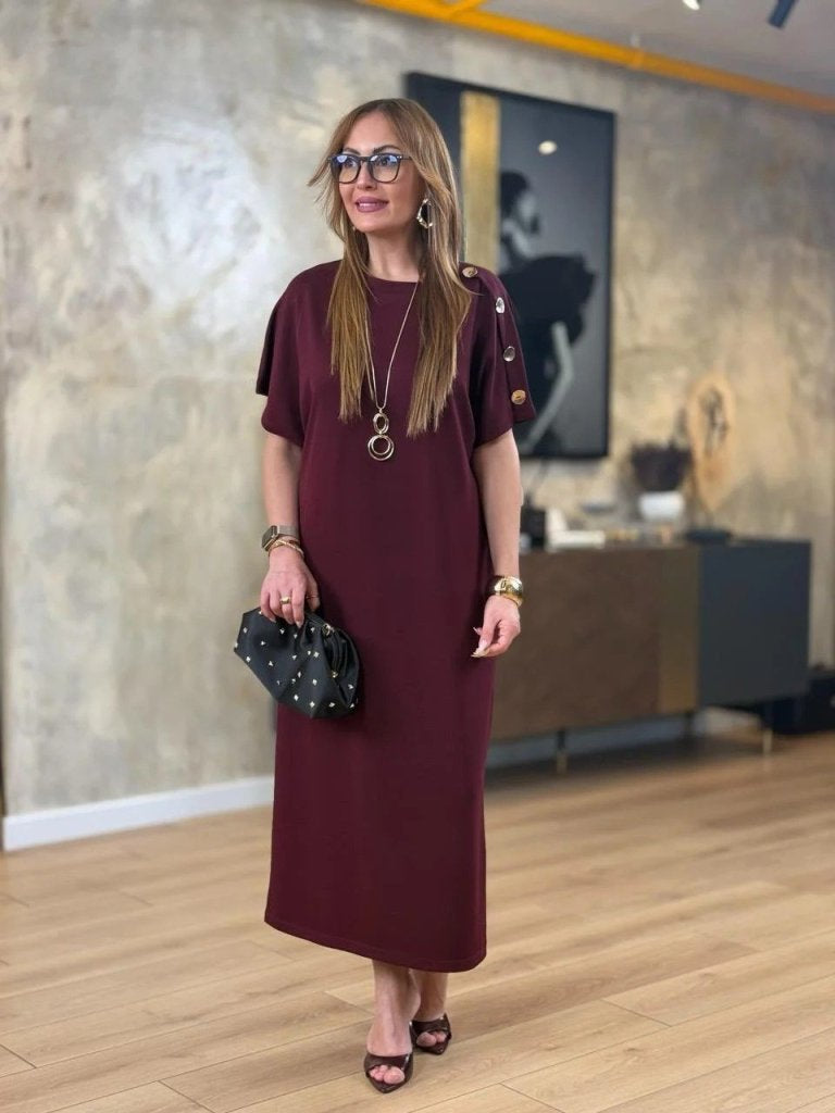 Women's Short Sleeve Crew Neck Shoulder Buttoned Long Viscose Two Yarn Dress, 31240