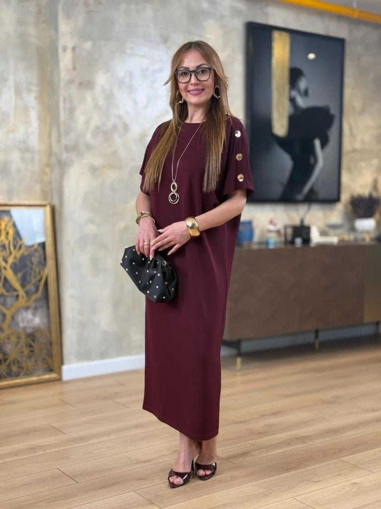 Women's Short Sleeve Crew Neck Shoulder Buttoned Long Viscose Two Yarn Dress, 31240