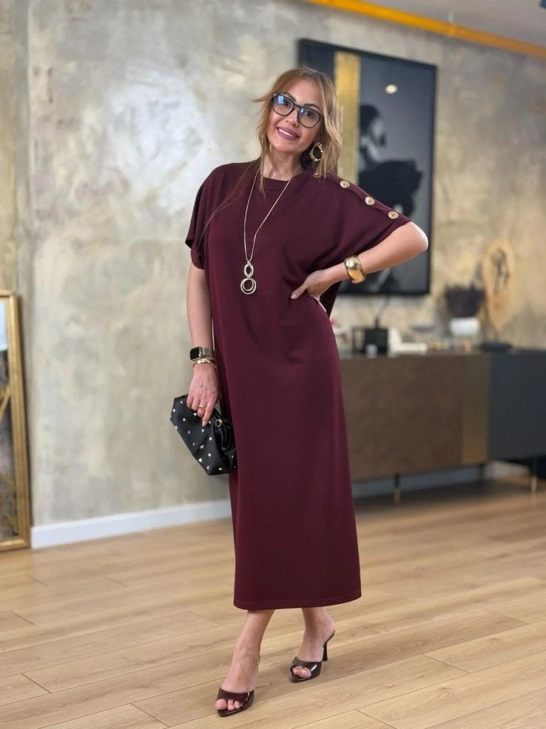 Women's Short Sleeve Crew Neck Shoulder Buttoned Long Viscose Two Yarn Dress, 31240