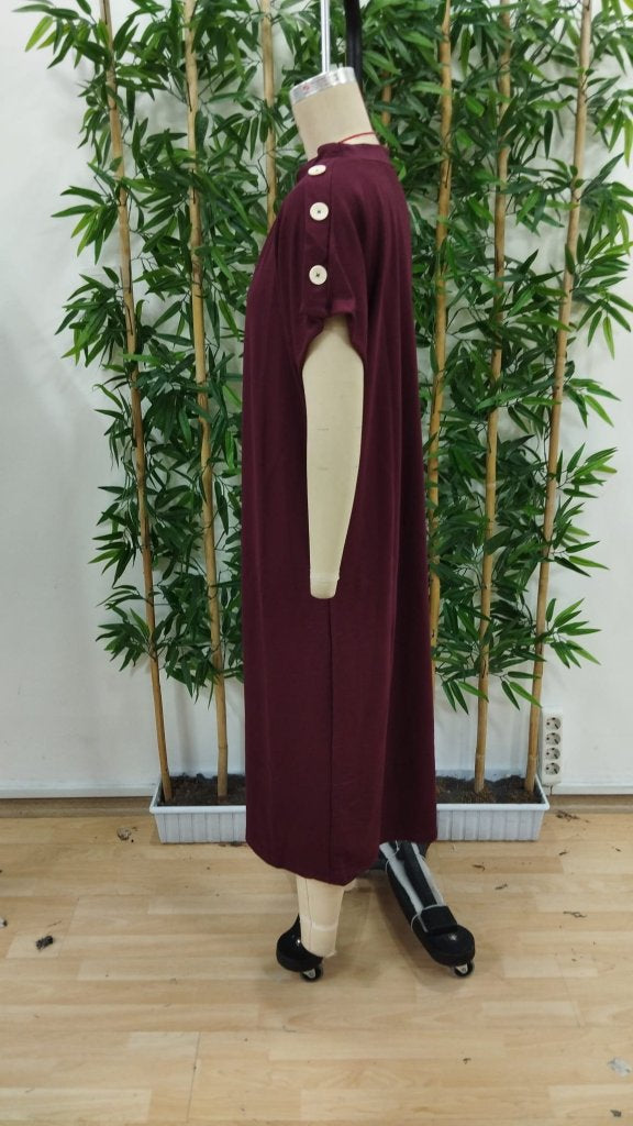 Women's Short Sleeve Crew Neck Shoulder Buttoned Long Viscose Two Yarn Dress, 31240