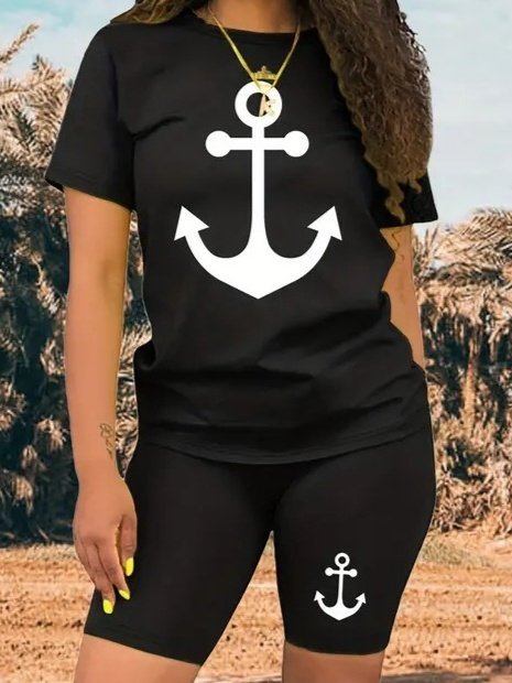 Women's Short Sleeve Anchor Print Viscose Two-Piece Set, 26662
