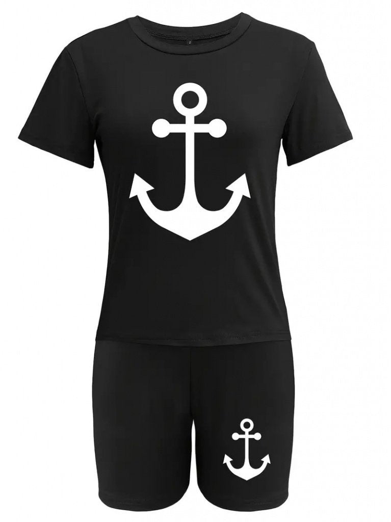 Women's Short Sleeve Anchor Print Viscose Two-Piece Set, 26662