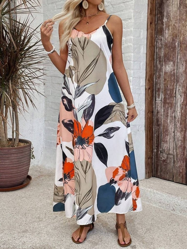 Women's Patterned Supima Dress with Wide Straps and V-Neck, 34080