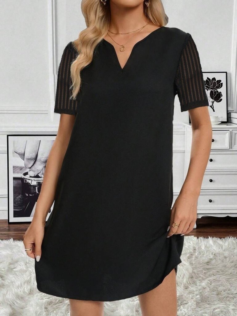 Women's Short Sleeve V-Neck Short Shimmer Crepe Dress, 26680