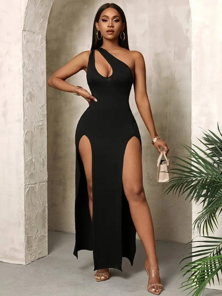Women's One-Shoulder Open Teardrop Detail Slit Detail Long Shimmer Crepe Dress, 25503