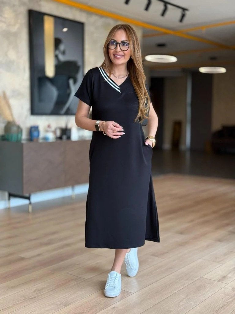 Kadın Kısa Kollu V Ribana Yakalı Yırtmaçlı Midi Viskon Iki Iplik Elbise , 36024