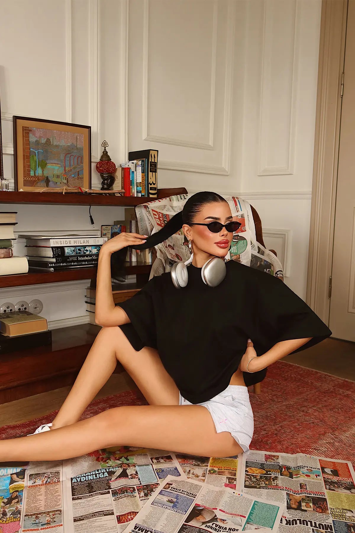 Siyah Baskılı Oversize Tişört
