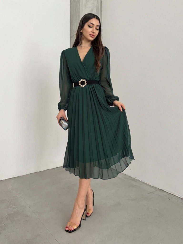 Kadın şifon Kumaş Astalı Kloş Kesim Kruvaze Yaka Midi Boy Elbise, 25583