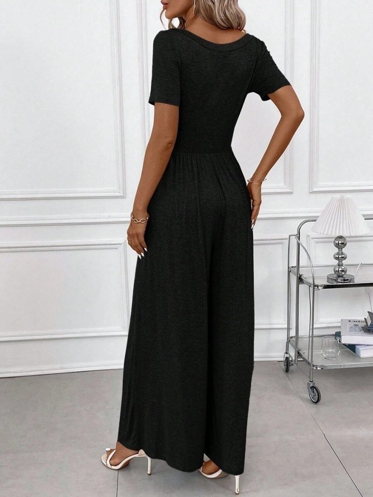 Women's Short Sleeve Crew Neck Wide Leg Crinkled Jumpsuit, 27349