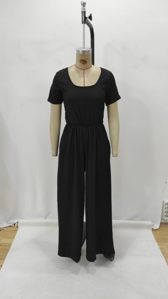 Women's Short Sleeve Crew Neck Wide Leg Crinkled Jumpsuit, 27349