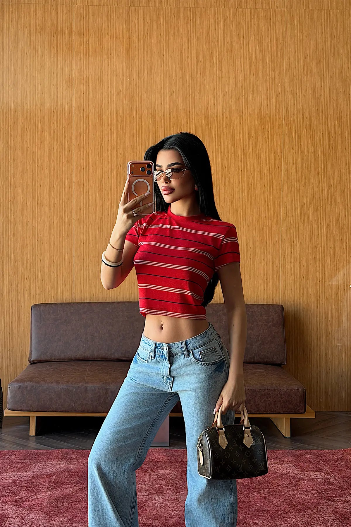 Kırmızı Çizgili Crop Top